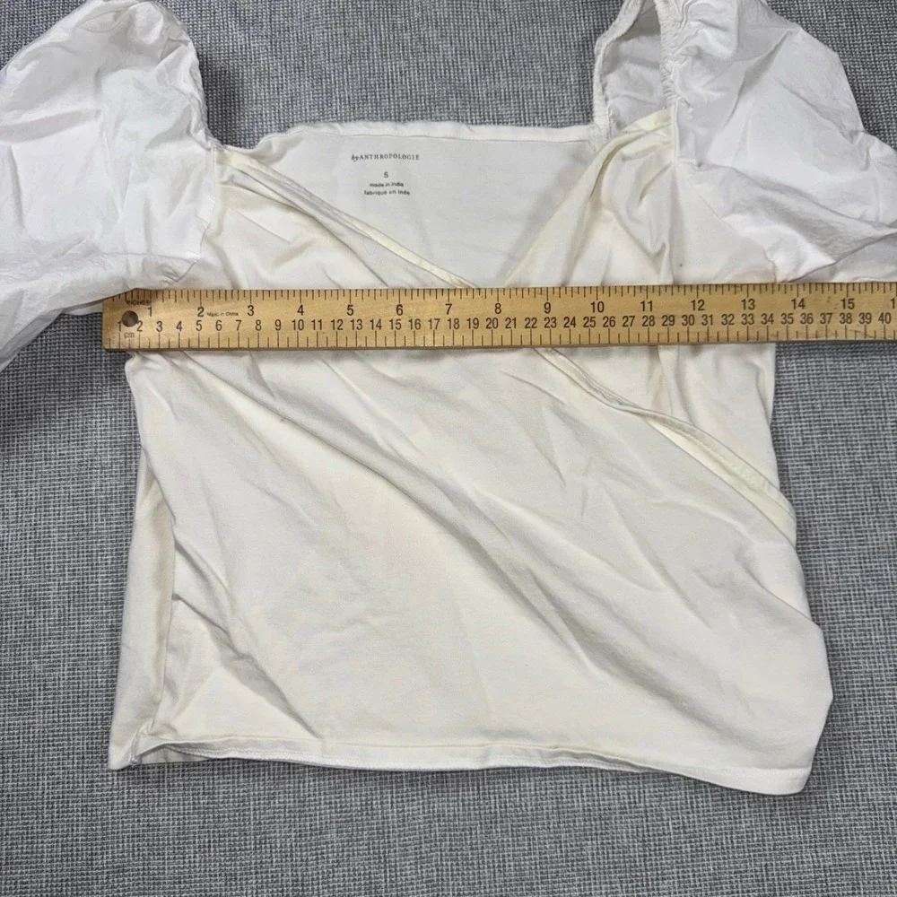 By Anthropologie White Puff Sleeve Wrap Top Ribbed Knit Cotton Blouse Small